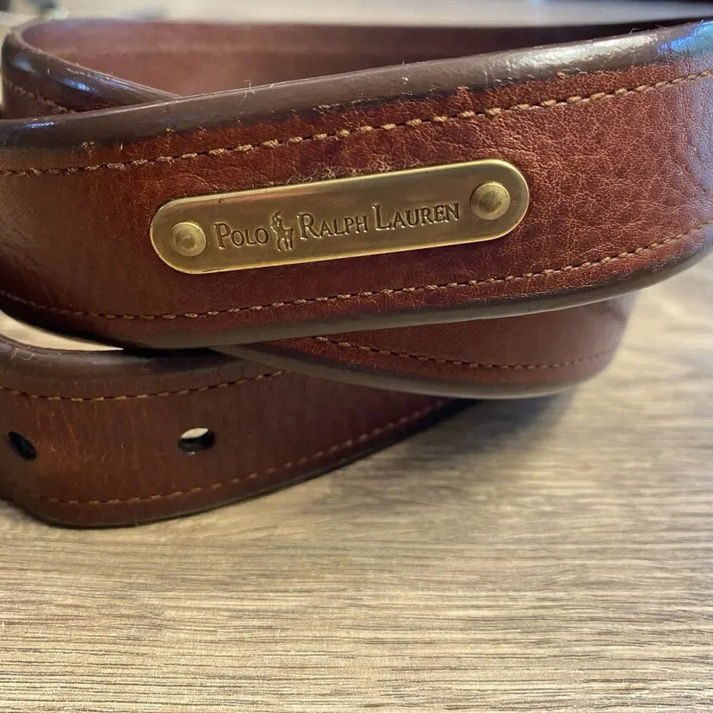 Vintage Polo Ralph Lauren Leather Belt Men Brown Leather Brass Buckle Preppy 38